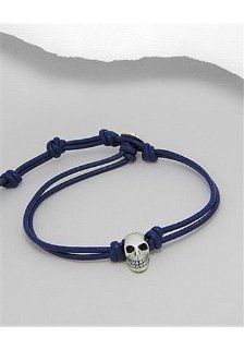 Blue Skull Leather Bracelet In 92.5 Sterling Silver Jewelry
