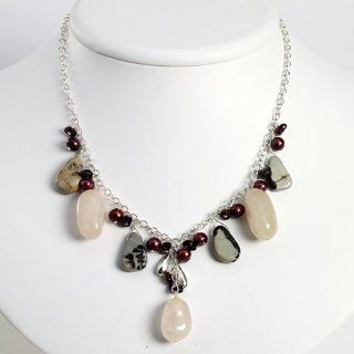 Sterling Silver Red/Purple Cult. Pearl/Picture Jasper/ Rose Qtz Necklace Jewelry