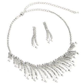 Bridal Wedding Silver Crystal 2 Strands Rhinestone Dangle Earrings & 1 Strand Rhinestone Eyelash Shape Necklace Jewelry Sets Jewelry