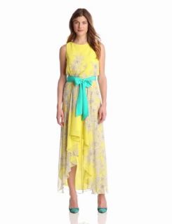 Eliza J Women's Sleeveless Blouson Floral High Low Hem Dress, Yellow, 6
