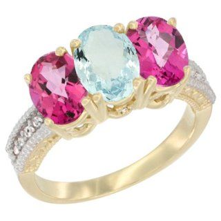 10K Yellow Gold Natural Aquamarine & Pink Topaz Sides Ring 3 Stone Oval 7x5 mm Diamond Accent, sizes 5   10 Jewelry