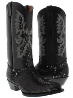El Presidente   Womens Sequin and Leather Cowboy Boots with J Toe Shoes