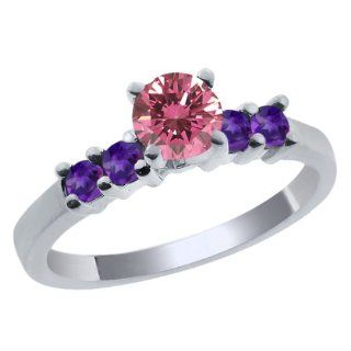 0.74 Ct Round Pink Diamond Purple Amethyst 925 Sterling Silver Engagement Ring Jewelry