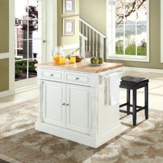 Crosley Butcher Block Top Kitchen Island with 24 in. Upholstered Square Seat Stools   Kitchen Islands and Carts