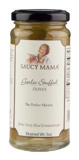 Saucy Mama Garlic Stuffed Olives, 5 Ounce Boxes (Pack of 6)  Green Olives Produce  Grocery & Gourmet Food