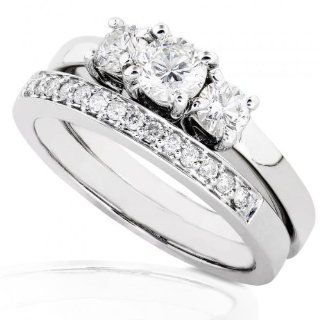3/8ctw Three Stone Round Brilliant Diamond Wedding Ring Set in 14Kt White Gold (HI/I1 I2) Diamond Me Jewelry