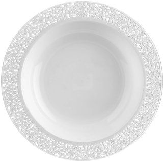 Inspiration White with White Lace Rim 12oz. Heavyweight Plastic Soup Bowls 10 Count Kitchen & Dining