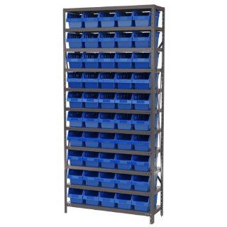 AKRO MILS AS1279090 Powder Coated Steel Shelving Unit with 10 Shelves and 50 Blue 30090 ShelfMax Shelf Bins, 12 Inch D by 36 Inch W by 79 Inch H, Grey   Tool Utility Shelves  