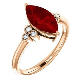 10K Rose Gold 12.00x6.00mm Marquise Cut Chatham Created Ruby and Diamond Ring Jewelry