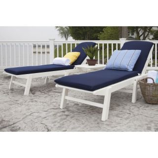 POLYWOOD® Nautical Stackable White Wheeled Chaise with Navy Cushions   Set of 2 with Table   Outdoor Chaise Lounges