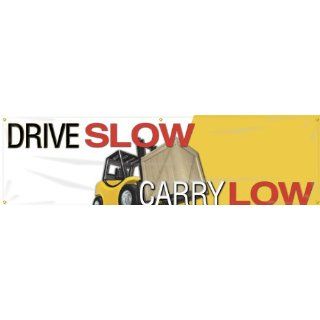 Accuform Signs MBR839 Reinforced Vinyl Motivational Safety Banner "DRIVE SLOW CARRY LOW" with Metal Grommets and Forklift Graphic, 28" Width x 8' Length Industrial Warning Signs