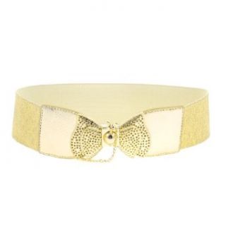 Gold Tone Cut Out Bow Tie Buckle Tinsel Decor Band Elastic Waist Belt for Women