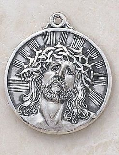 Men's Round Sterling Silver Head of Christ Medal Catholic Jesus Crown of Thorns Pendant with Steel Chain Jewelry