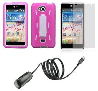 LG Spirit 4G MS870   Accessory Kit   Pink / White Rugged Hybrid Kick Stand Case + Atom LED Keychain Light + Screen Protector + Micro USB Wall Charger Cell Phones & Accessories