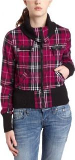 Ashley Juniors Plaid Bomber Jacket, Black/Magenta, Small Outerwear