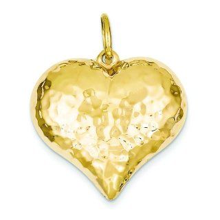 14K Gold Hollow Hammered Large Puffed Heart Charm Jewelry