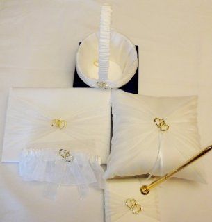 Tanday #5631 Ivory 5 Piece Bridal Wedding Accessory Set of Heart Gold   Flower Girl Basket, Guest Book & Pen, Ring Pillow, & Garter  Home Decor Gift Packages  