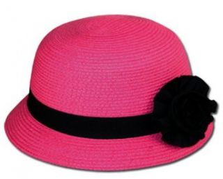 EH8541LC   Womens 100% Paper Straw Black Flower Accent Cloche Bucket Bell Summer Hat   Hot pink/One Size