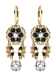 Flower Shaped Earrings Designed by Lucia Costin with Filigree and Leaf Ornaments, Embellished with 4 Petal Flowers, White and Black Swarovski Crystals; 24K Yellow Gold over .925 Sterling Silver Dangle Earrings Jewelry