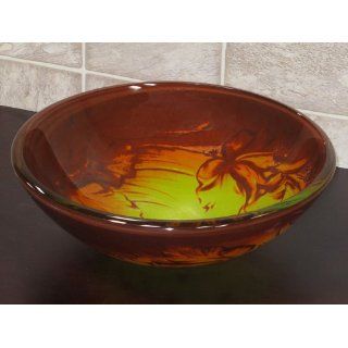 Bathroom Double Layer Glass Vessel Vanity Sink (Amber Floral), + Free Pop Up Drain A116