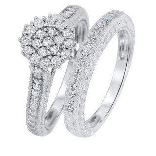 3/4 Carat T.W. Round Cut Diamond Engagement Ring and Women's Wedding Band Set 14K White Gold   Free Gift Box Wedding Rings For Women Jewelry
