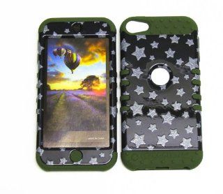 3 IN 1 HYBRID SILICONE COVER FOR APPLE IPOD ITOUCH 5 HARD CASE SOFT DARK GREEN RUBBER SKIN GLITTER STARS DG TP885 KOOL KASE ROCKER CELL PHONE ACCESSORY EXCLUSIVE BY MANDMWIRELESS Cell Phones & Accessories