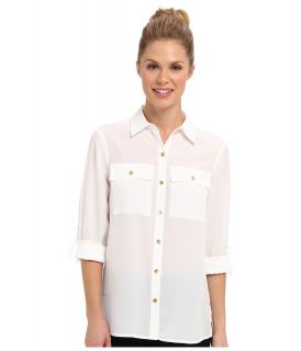 Jones New York Utility Pocket Shirt w/ Buttons Womens Long Sleeve Button Up (White)