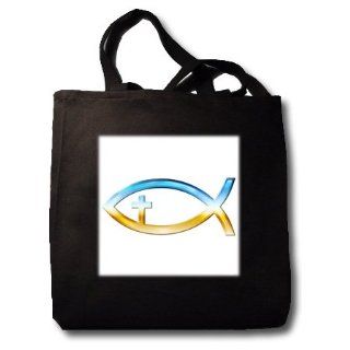 Chrome Christian Fish Symbol with Cross   Black Tote Bag 14w X 14h X 3d Kitchen & Dining