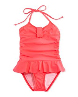 Ruched One Piece Swimsuit, Pink, 7 14