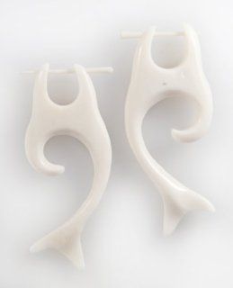 865 Dolphin Tail bone Earrings w/ Pick/ Organic / Silver Jewelry of Bali Jewelry