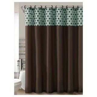 Brown Teal Flocked Polka Dots Fabric Shower Curtain  