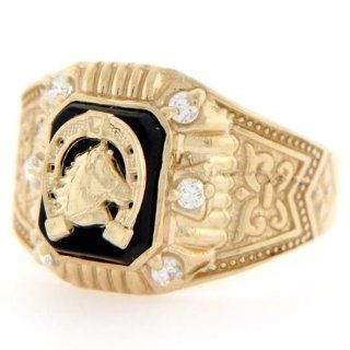 14k Gold Good Luck Horseshoe Onyx CZ Mens Ring Jewelry Jewelry