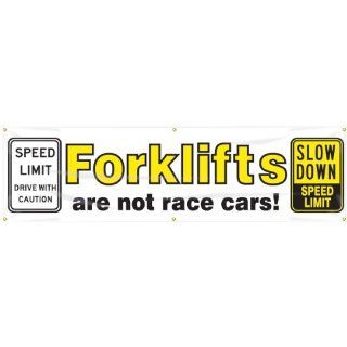 Accuform Signs MBR891 Reinforced Vinyl Motivational Safety Banner "SPEED LIMIT DRIVE WITH CAUTION Forklifts are not race cars SLOW DOWN SPEED LIMIT" with Metal Grommets, 28" Width x 8' Length, Black/Yellow on White Industrial Warning S