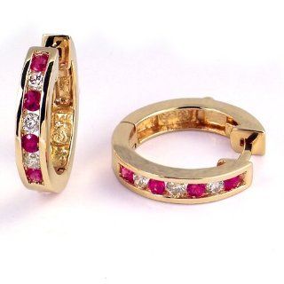 1/2 Carat Channel Set Diamond & Ruby Earrings in 14k Yellow Gold (with Safety Lock) Hoop Earrings Jewelry