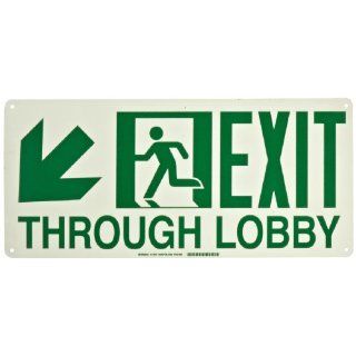 Brady 114647 10" Width x 22" Height B 895 Glow In The Dark Plastic, Green Safety Guidance Sign, Legend "Exit Through Lobby" Industrial Warning Signs