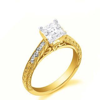 0.77 Carat Princess Antique Engraved Diamond Engagement Ring Bridal Set Wedding Ring on 14K Yellow Gold FineTresor Jewelry