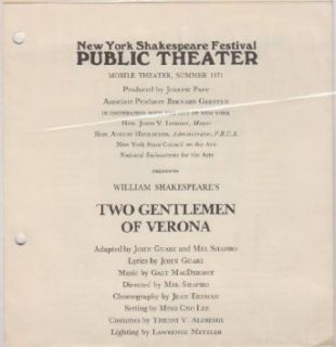 Two Gentlemen of Verona Playbill 1971 New York Shakespeare Festival Public Theater William Shakespeare Entertainment Collectibles