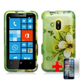 Nokia Lumia 620 (AIO Wireless) 2 Piece Snap On Glossy Hard Plastic Image Case Cover, White Flower Black Swirls and Butterflys Green Cover + LCD Clear Screen Saver Protector Cell Phones & Accessories