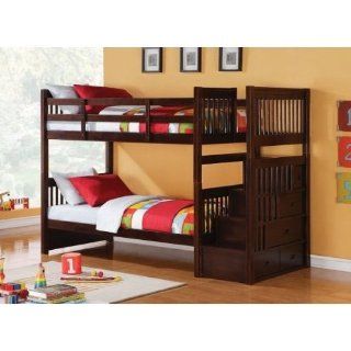 NEW Alem Espresso Wood Twin Twin Bunk Bed Beds with Storage Stairway Ladder Home & Kitchen