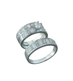 .925 Sterling Silver Emerald Cut Diamond CZ Trio Wedding Band Rings Jewelry