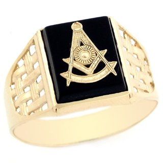 10k Real Yellow Gold Past Master Freemason Masonic Onyx Mens Ring Jewelry