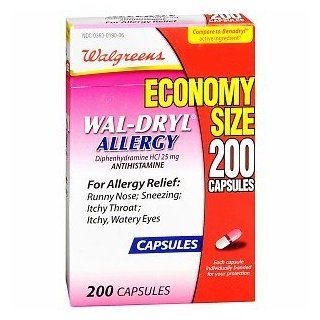 WAL DRYL ALLERGY DIPHENHYDRAMINE HCL 25 MG / ANTIHISTAMINE   200 CAPSULES Health & Personal Care