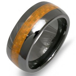 Black Ceramic Men's Ladies Unisex Ring Wedding Band 8MM Dome Shaped Polished Shiny Yellow Carbon Fiber Inlay Comfort Fit (Available in Sizes 8 to 12) Black And Yellow Mens Wedding Bands Jewelry
