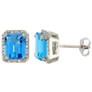 10K White Gold Diamond Natural Swiss Blue Topaz Earrings Octagon 8x6 mm Jewelry