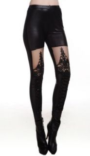 Amour   Gaga's Celebrity Lace up Front Wetlook Mesh Inset Leggings Pants Tights Clothing