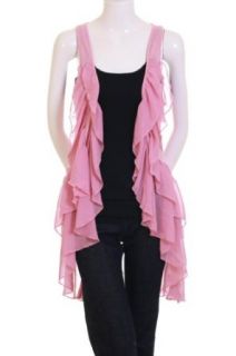 Top House Chiffon Ruffle Trimmed Jersey Sleeveless Drape Vest Pink Large