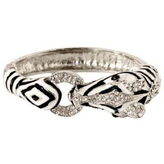 Zebra Hinged Cuff Bracelet Bangle Clear Crystal Black White BU Silver Tone Jewelry