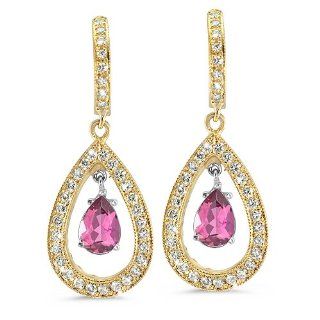 Pear Shaped Diamond Earrings In 18K White Gold With A 0.60 ct. Genuine Pink Tourmaline Center Stone. CleverEve Jewelry