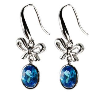 Rose Princess 925s Bow with Oval Shaped Created Blue Topaz Drop Earring Jewelry