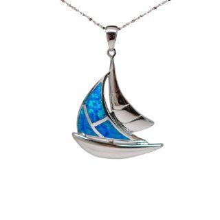 Blue Opal Sailboat 925 Sterling Silver Pendant Only Jewelry